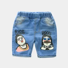 Джинсовые шорты для девочек в Корейском стиле, летние рваные штаны с рисунком из мультфильма, детские хлопковые шорты с принтом
