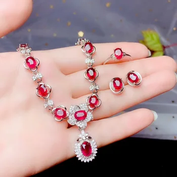 Shop specials. Latest release. Super luxury natural ruby suit. Includes ring necklace earrings. 925 pure silver 1