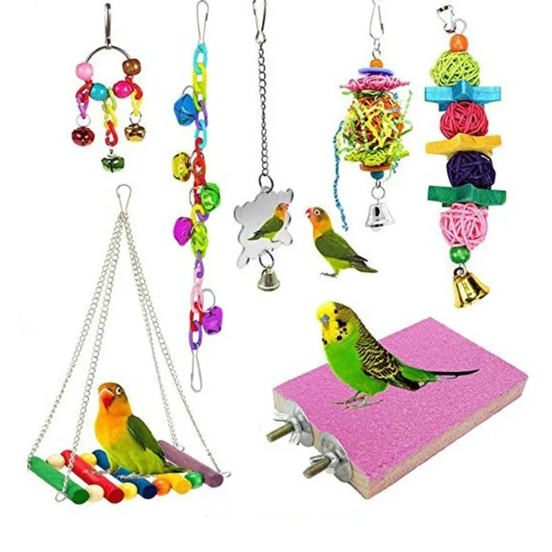 

Parrot Bird Toys 7pcs Set Cage Accessories Hanging Climbing Training Interactive Toy Parakeets Cockatiels Perch Chew Supplies