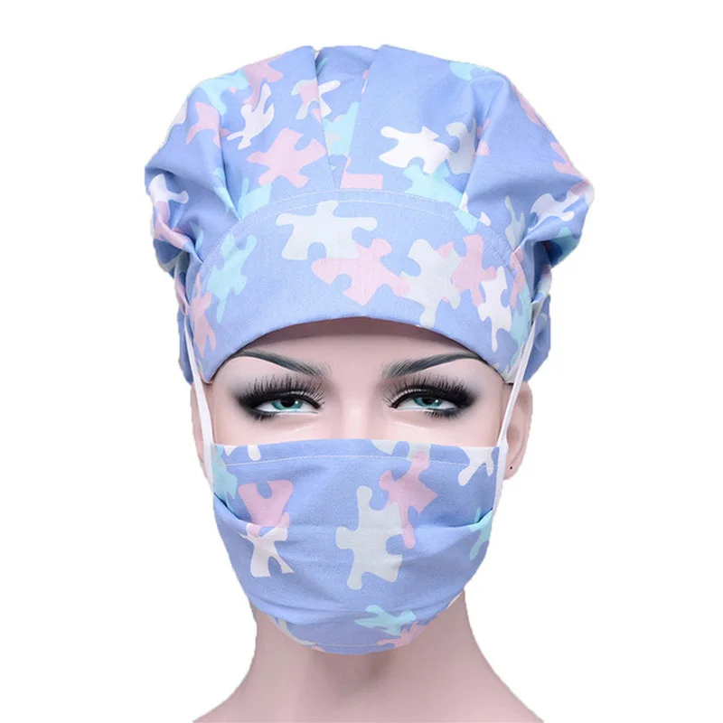 

Bouffant Scrub Caps Printed Cotton Adjustable Sweatband Hats Breathable Reuseable Work Wear Accessories Anti-dust Washable Caps