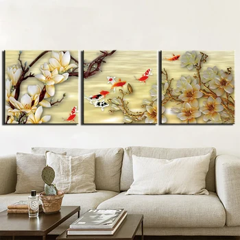 

3 Pieces Poster Picture Cherry Tree Fish Paintings Wall Pictures For Living Room Wall Art Canvas Painting Posters And Prints