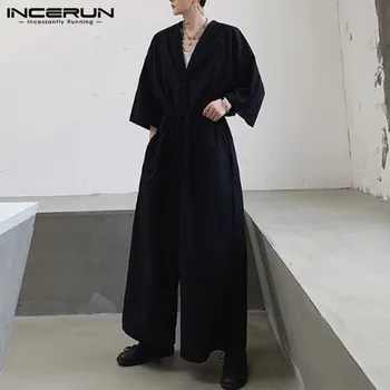 

INCERUN Men Jumpsuit Fashion Solid 2020 Casual V Neck Rompers Streetwear Half Sleeve Wide Leg Overalls Men Baggy Chic Pants 5XL