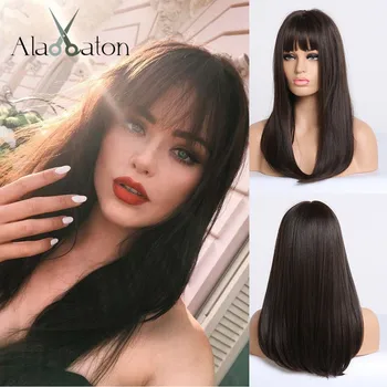 

ALAN EATON Synthetic Wig for Black Women African American Long Straight Black Brown Wigs with Bangs Cosplay Hair Bobo Lolita Wig