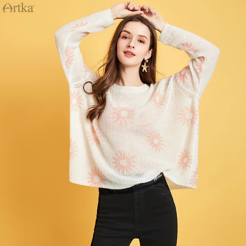 ARTKA 2020 Spring New Women Sweater Elegant Casual Long Sleeve Thin Knitted O-Neck Loose Pullover Wool Knitwear YB25005C | Женская