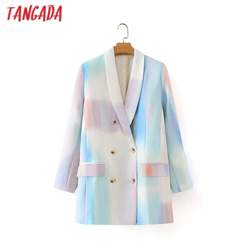 

Tangada Women Blue Tie Dye Print Blazer Coat Vintage Double Breasted Long Sleeve Female Outerwear Chic Tops DA27