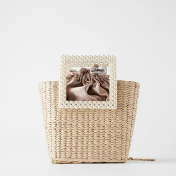 

Luxury Knitting Pearl Handle Straw Woven Bag Hand-woven Bag Beaded Bag Female Summer Beach bag