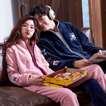 

Men's Leisure Tops Pajamas Women's Winter Coral Fleece Warm Flannel Couple Outfits Sleepwear Pyjamas Women Full Pijamas Women