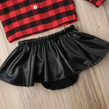 Fashion Infant Baby Girl Christmas Clothes Sets Plaid Knot Shirts Leather Skirt Shorts 2Pcs 2019