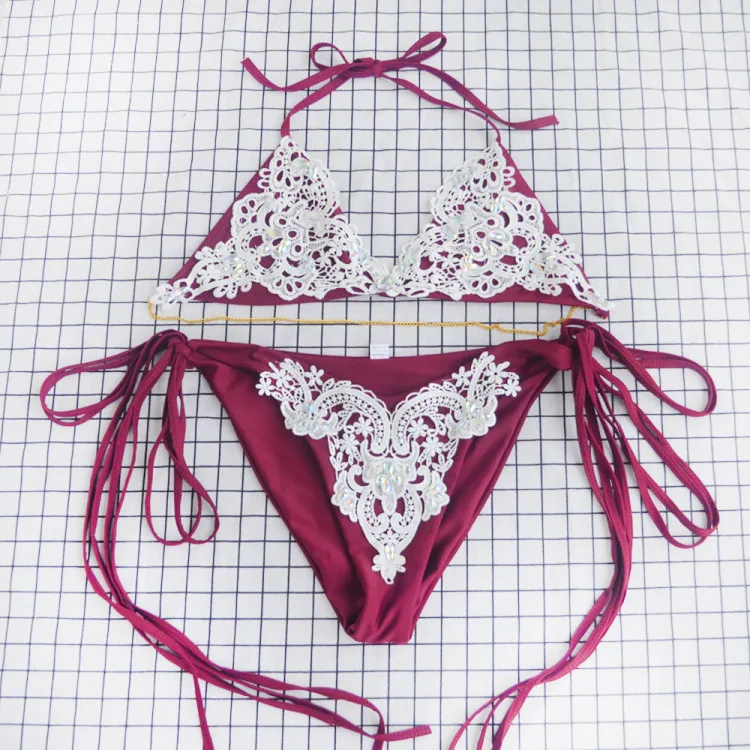 Бриллиантовый Купальник бикини-набор бандажный купальный кружевной мягкий сексуальный винтажный пуш-ап женский бразильский купальник