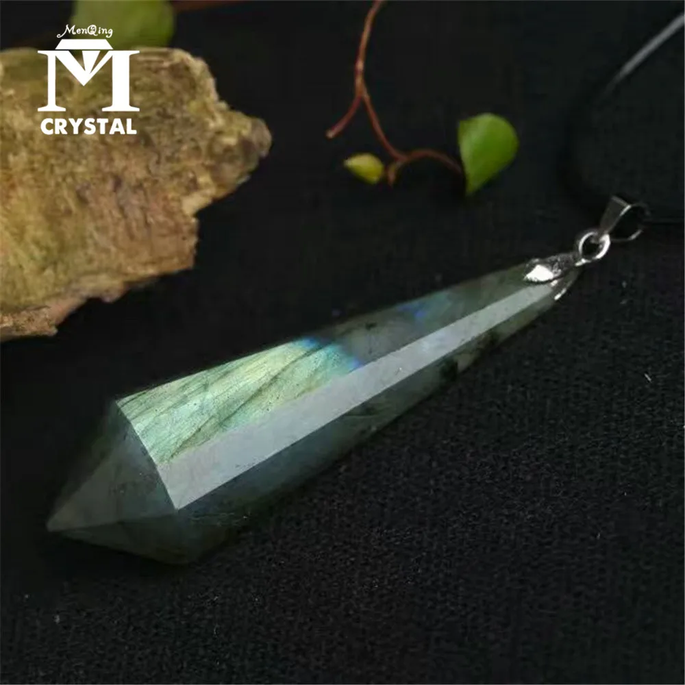 Natural Labradorite Crystal Pendant Healing Gem Stone Jewelry Reiki Pyramid Hexagonal Pendulum Chain Pendant Amulet Classic