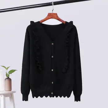 

Women Autumn Ruffles Sweater Korean Style Solid Color Trend Clothes V-neck Cardigan Long-sleeved Knitted Jumpers1
