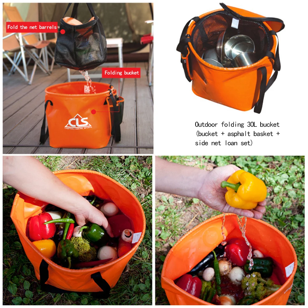 Fishing Gear Bag 4Pcs Outdoor Folding Bucket Portable Double Drain Basket Washing Dish Bucket Camping Telescopic Fishing Barrel