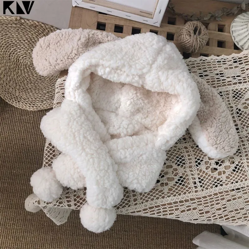 KLV дети девочка мальчик зима милый кролик длинное ухо флис ягненка плюшевая теплая шапка шарф набор