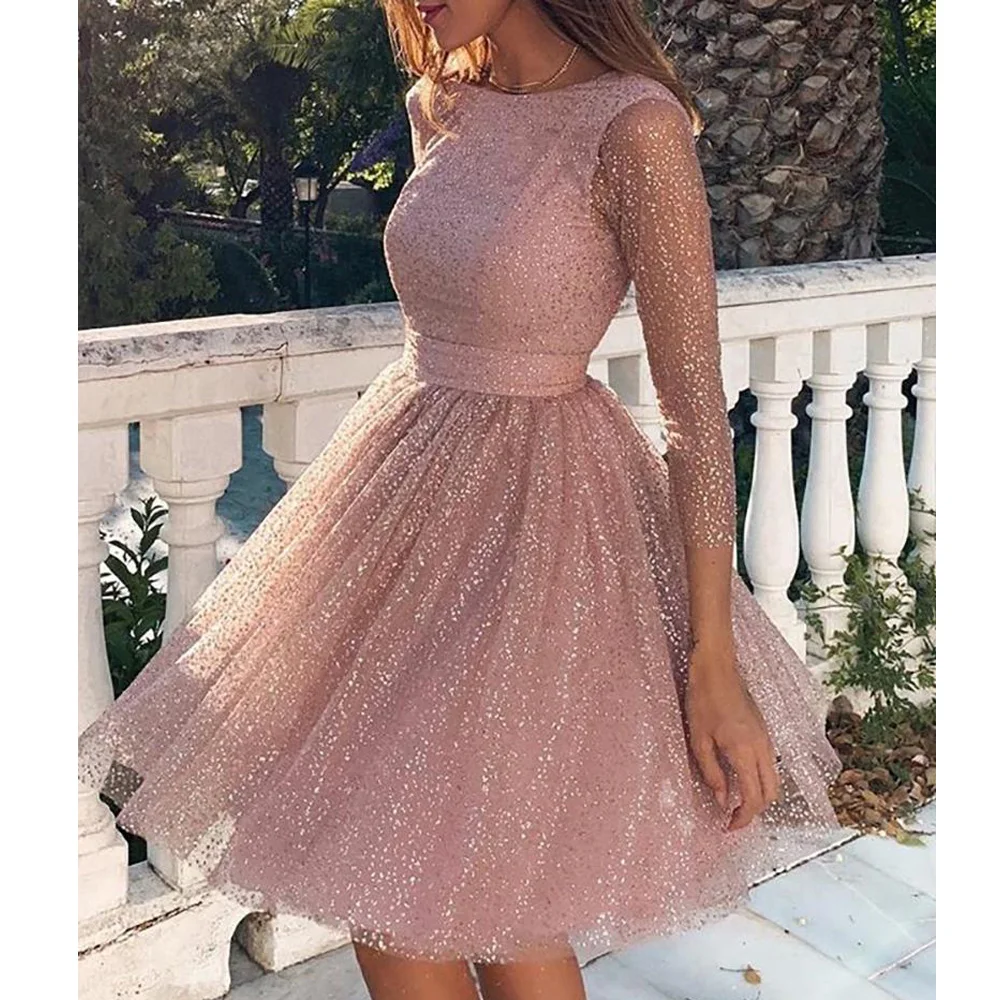 Yesexy O Neck Glitter Elegant Women Mini Dresses A Line Backless Three Quarter Sleeve Women Dresses VR19668