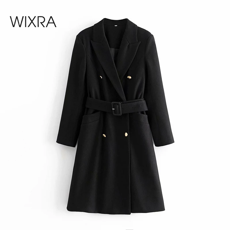 

Wixra Spring Autumn New Women's Wool Blend Trench Coat Office Lady Cool Black Long Outerwear With Belt For Female