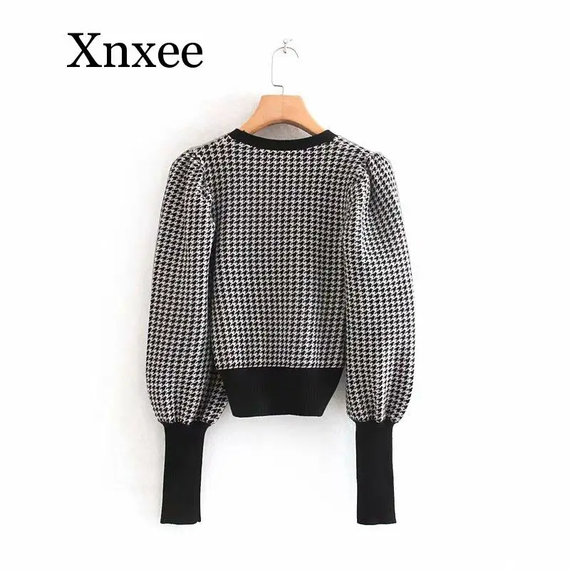 new women vintage houndstooth pattern puff sleeve casual sweater ladies basic o neck knitted pullover autumn chic tops plaid new women vintage houndstooth pattern puff sleeve casual sweater ladies basic o neck knitted pullover autumn chic tops plaid