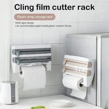 

2020 New Multi-function Paper Towel Storage Rack Plastic Wrap Cutter Rack Wall-Mount Foil Paper Towel Holder Kitchen Organizer