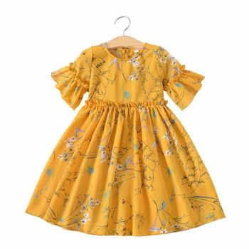 

3-10 Years Baby Girls Chiffon Dress Flare Sleeve Princess Floral Print Kids Dresses for Summer Children Beach Clothes with Hat