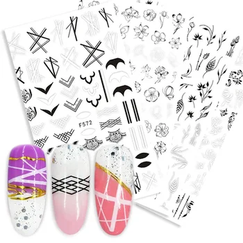 

Black White 3D Nail Art Stickers Sliders Flowers Leaves Mandala Leaf Geometry Adhesive Nail Decals Foil Design Decoration