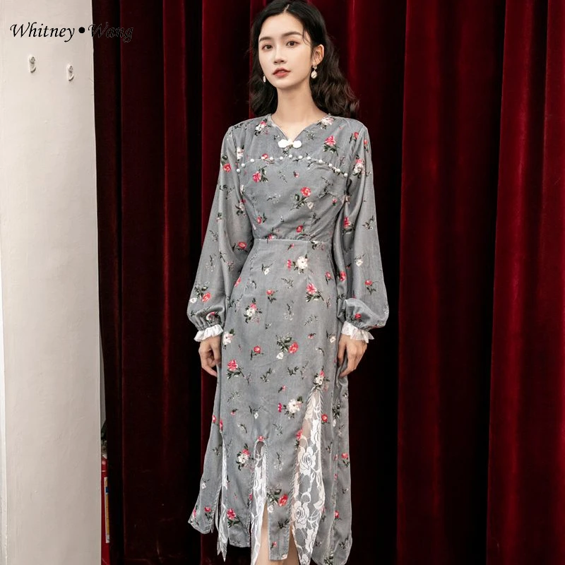 WHITNEY WANG, Весенняя мода, уличная одежда, винтажный стиль, раскол, кружево, пэтчворк, цветочный принт, вельветовое платье для женщин