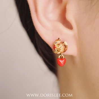 

Squirrel red peach heart Love Pendant Earring and ear stud