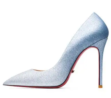 Новинка; туфли с красной подошвой; женские пикантные туфли-лодочки; шикарные туфли на высоком каблуке с закрытым острым носком; женские свадебные вечерние туфли на тонком каблуке-шпильке; сезон осень - Цвет: Silver blue 10cm