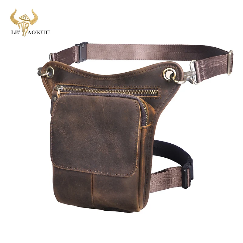 Soft Natural Leather Men Design Small Messenger Sling Bag Multifunction Fashion Fanny Waist Belt Pack Leg Drop Bag Pouch 211-1