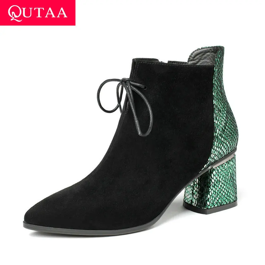 

QUTAA 2020 Kid Suede Pointed Toe Zipper Lace Up Fashion Ankle Boots Mixed Color Thick Heel Autumn Winter Women Shoes Size 34-42
