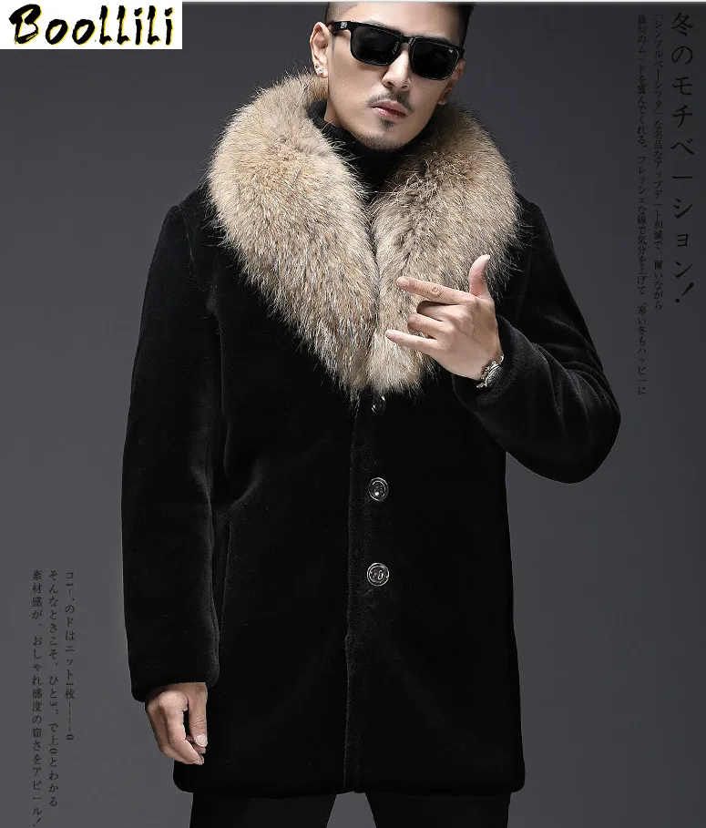 

Boollili Real Sheep Shearling Fur Coat Winter Jacket Men Raccoon Fur Collar Long Jackets Real Wool Coat
