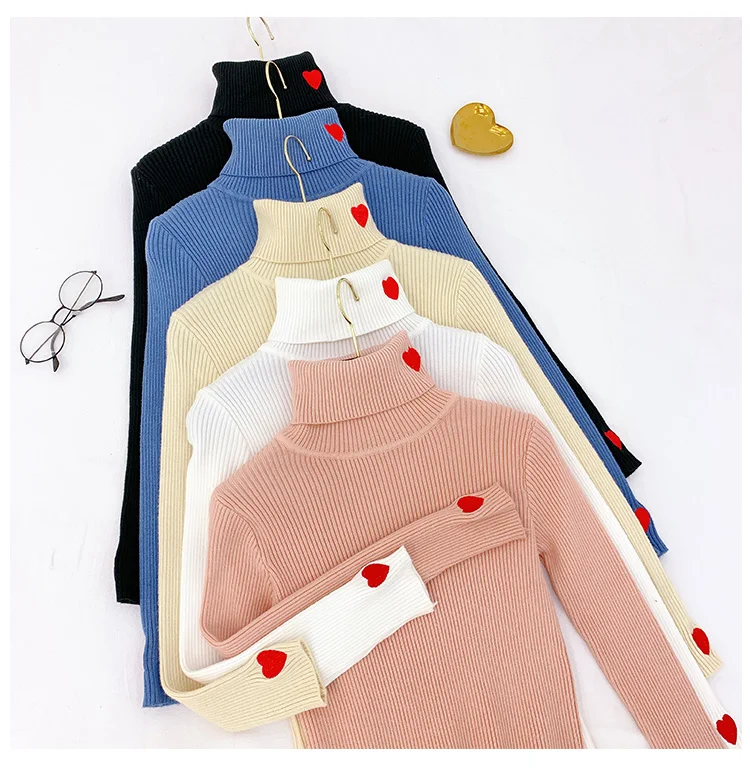 Красный любовь вышитый корейский женский свитер тонкий вязаный Blusas Осень зима свитер с воротником-хомутом джемпер Pull Girl Lady Теплый
