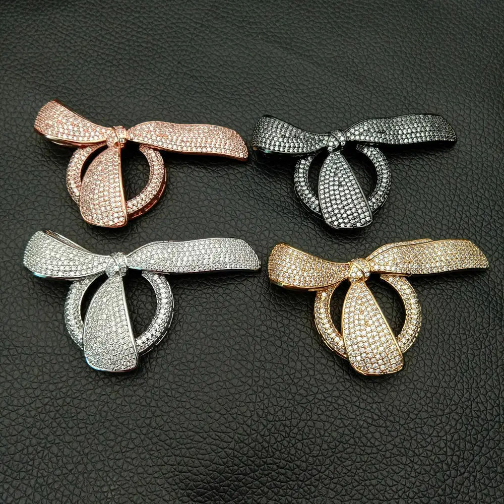 

golden plated cubic zirconia pave bowknot connector charms Jewelry Making 32x65mm
