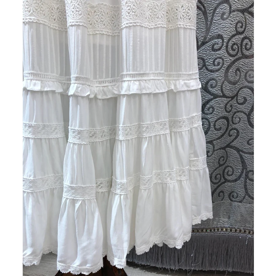 GypsyLady White Cotton Boho Skirt Summer Lace Maxi Skirts Ruffles Tiered Elastic Waist Women Holiday Beach Gypsy Long Skirt