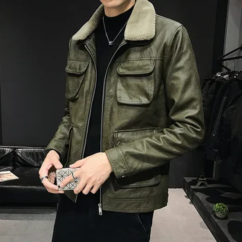 

Men's leather fashion trend Slim Korean winter jacket tooling fur collar leather jacket 2019 new locomotive suit