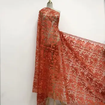 

Hot selling 5 yards sequins embroidery French Lace Unique African Red tulle Lace Mesh fabric Nigerian sewing national clothes