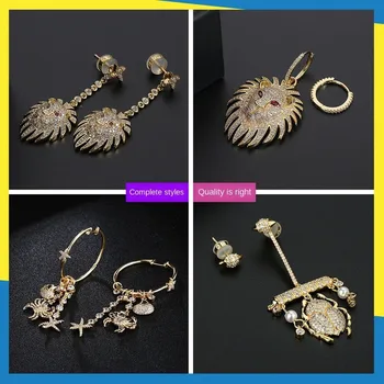 

18K gold color retro Egyptian earrings personality lion asymmetric full diamond women's brand jewelry Exquisite Retro Luxury