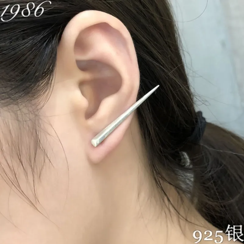 

Retro 925 sterling silver big pointed cone knife stud earrings for man woman punk rock single Thai silver revit earring jewelry
