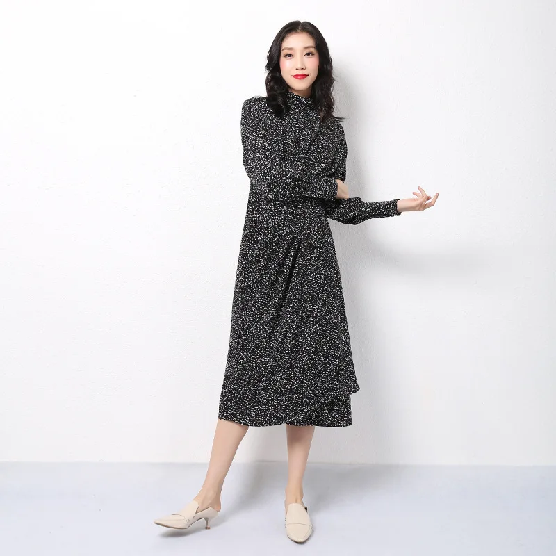 Dress Women's Autumn New Style Brand WOMEN'S Dress Half-Turtle-Neck Long Sleeve High-waisted Mid-length Asymmetric Skirt