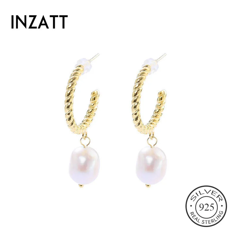INZATT Real 925 Sterling Silver Geometric Baroque Pearl Drop Earrings For Fashion Women Party Cute Fine Jewelry Accessories