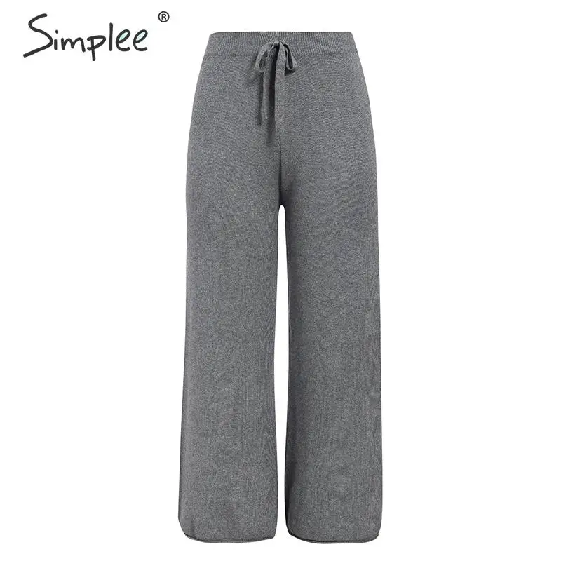 

Simplee Casual knitted high waist long pants women Elegant soft solid elastic band pants Autumn winter slim office ladies pants