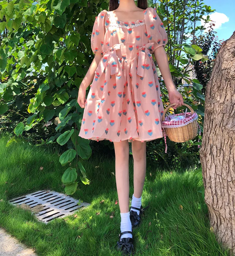 Japanese Summer New Kawaii Soft Girly Dresses Elegant Square Collar Cute Puff Sleeve Sweety Girl Strawberry Bow Loose Dress