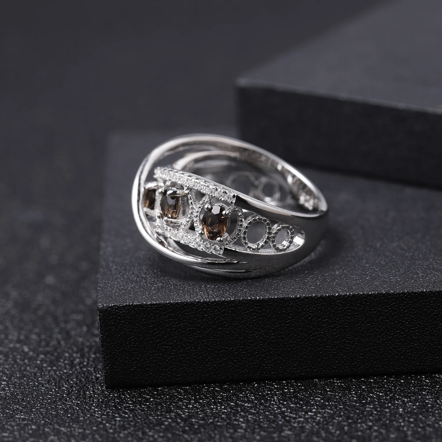 GEM'S балетное 925 пробы, Серебряное женское кольцо с разрезом, юбилей, 0.84Ct, натуральный дымчатый кварц, драгоценный камень, кольца, хорошее ювелирное изделие