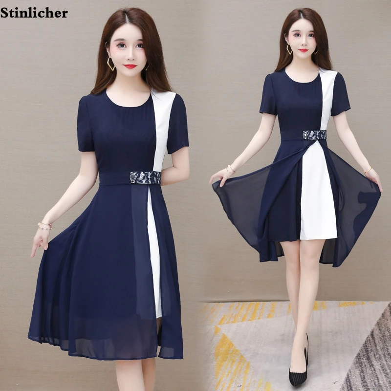

New Summer Patchwork Chiffon Long Dress Women Fashion O-neck Lace Dresses Vintage Sexy Office Elegant Party Dress Vestidos Mujer