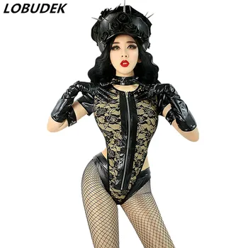 

Bar DS Performance Clothes Black Flowers Rivet Hat Lace Bodysuit Nightclub Stage Outfit DJ Singer Dance Team Show Sexy Costume