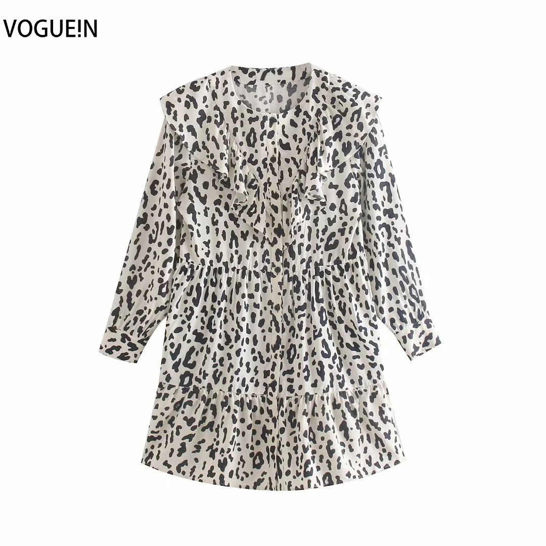 VOGUEIN Новое Женское Повседневное платье с принтом животных и круглым вырезом с оборками и длинными рукавами