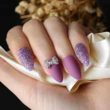 Шпильке матовые фиолетовые блестки микс ногти "сделай сам" фиолетовый накладные ногти Свадебный ногтей Бабочка 3D с цветочным принтом и бантом, набор из 24 штук, полный набор