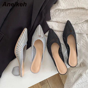 

Aneikeh 2020 Summer Fashion Women Sequins Pointed Toe Hollow Mules Slippers Beach Shoes Round High Heels Slide Sandalias Mujer