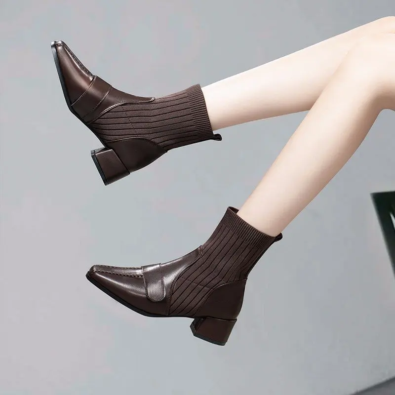 Women's Short Boots Women 2020 Autumn and Winter New Fashion British Style Thin Women's Boots Flying Knit Socks Women's Shoes
