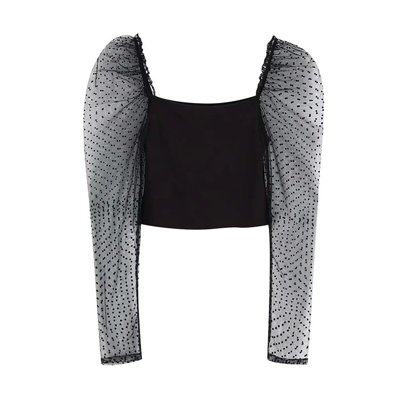 

Women Sexy Slim Transparent Long Mesh Patchwork Sleeve Square Collar Backless Chic Stretchy Short Crop Top Blouse FFZSY414