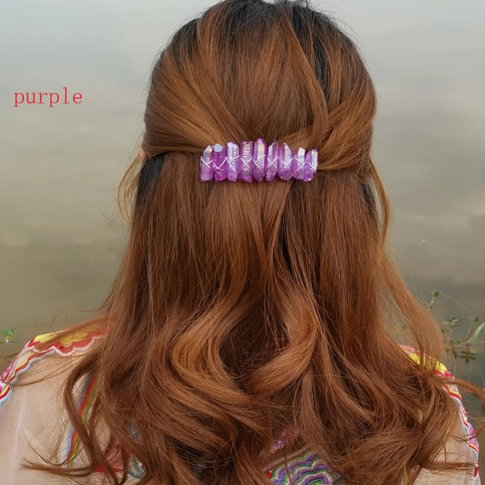 Purple-4cm Aura кварцевый кристалл Корона натуральный сырой матовый Радужный камень опал Ангел Аура золотой гребень Свадебная Принцесса аксессуары для волос - Окраска металла: Purple-4cm
