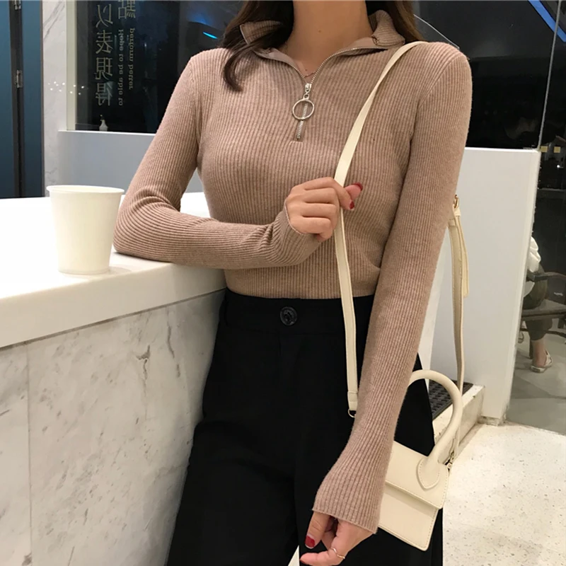 2022 Knitted Women Zipper High Neck Sweater Pullovers Turtleneck Autumn Winter Basic Women Sweaters Slim Fit Black Pull Femme